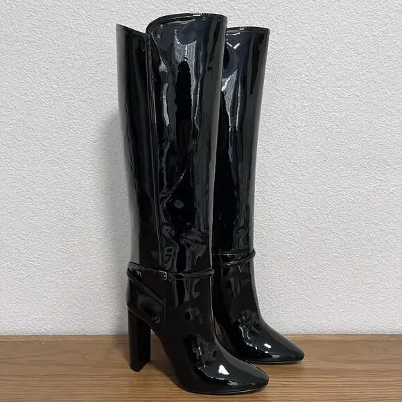 Saint Laurent Tall Knee-High Black Patent Leather Boots 40 - Picture 2 of 13